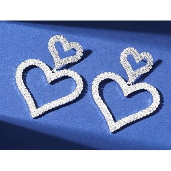 Double Open Heart Statement Earrings With Rhinestone Detailing‎ - Picture 1 of 4